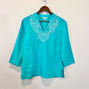 JM Collection Linen Embroidered Tunic Top Size 8 Turquoise Boho Resort Wear